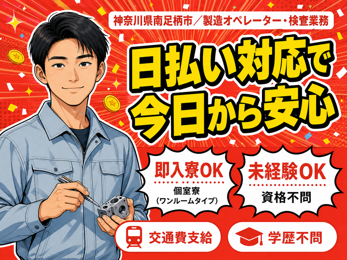 製造オペレーター・検査業務！30代・40代が活躍中！＜神奈川県×寮付き求人＞