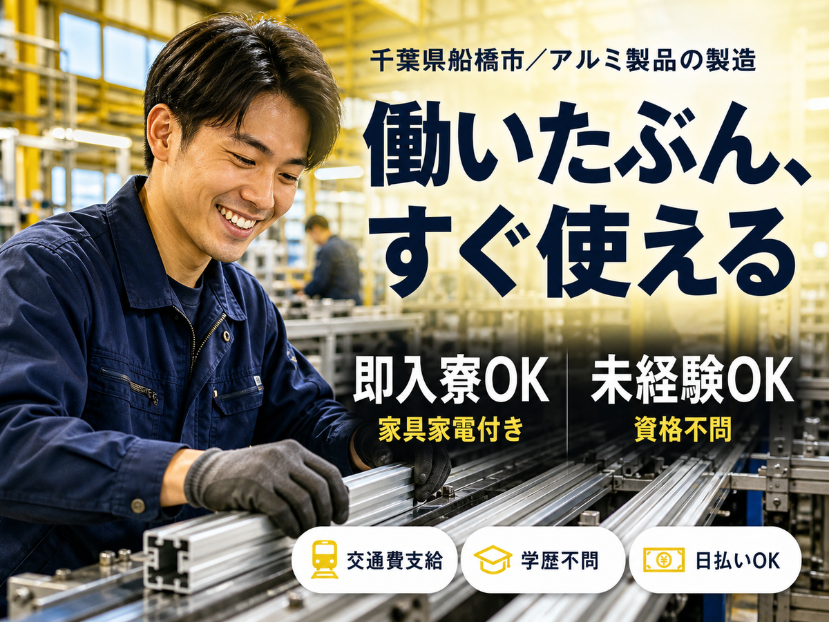 がっつり稼ぐならアルミ製品製造◎月収例28.4万円・寮完備＜千葉県＞