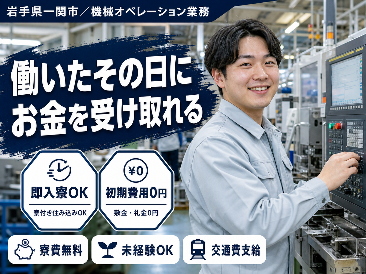 時給1200円→月収例19.2万円！マシンオペレータ【岩手県】