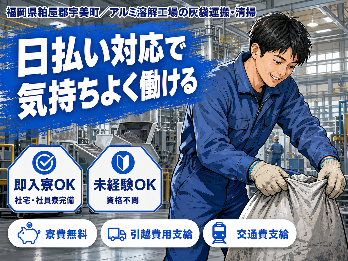 【未経験歓迎】アルミ溶解の灰袋運搬・清掃→土日祝休／個室寮完備